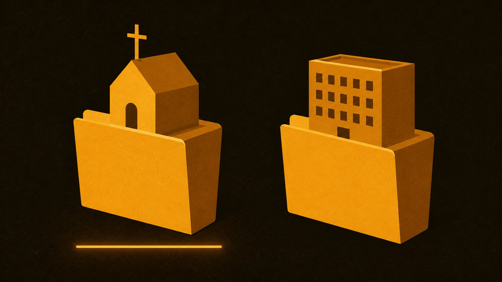Ilustração comparando duas pastas de enquadramento jurídico: a da organização religiosa, com um templo simples, e a da associação privada, com um prédio de escritórios