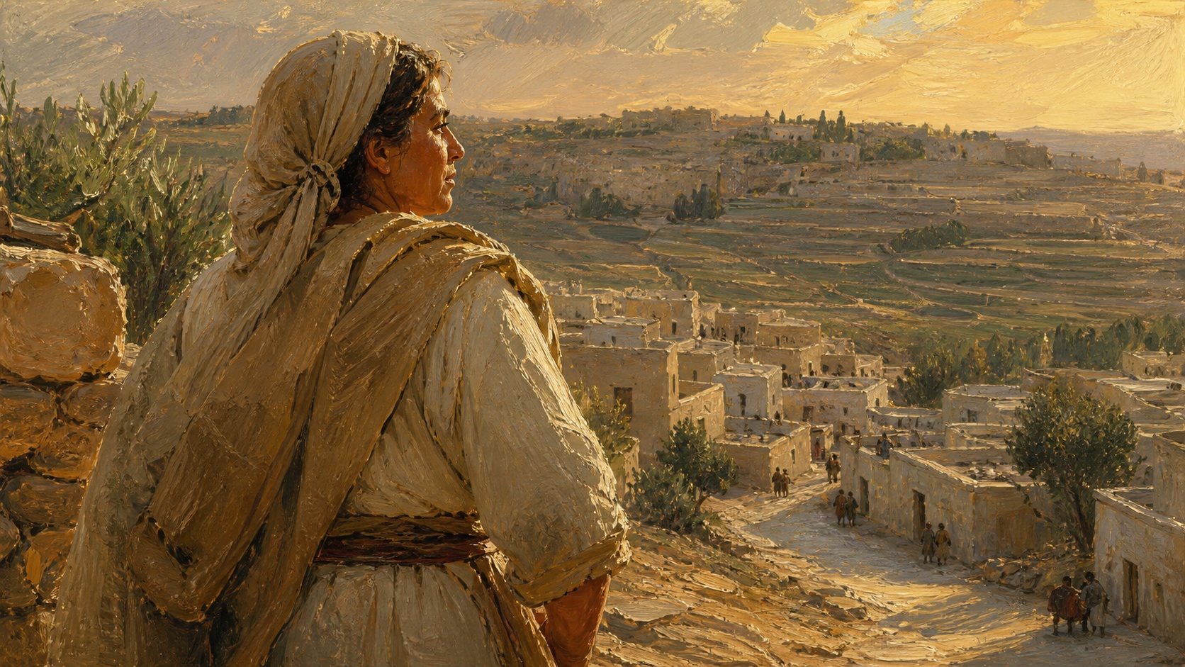 Figura do mundo biblico observando a cidade antiga ao fim da tarde