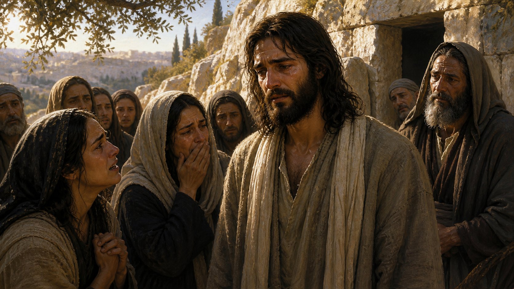 Jesus Cristo chorando em silêncio do lado de fora do túmulo de Lázaro em Betânia