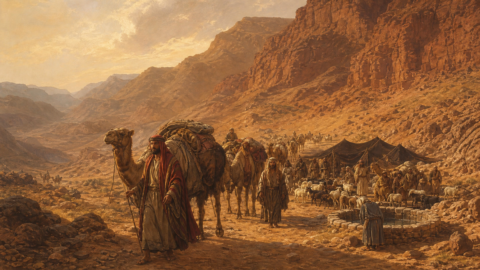 Caravana nômade de midianitas com camelos pelo deserto rochoso