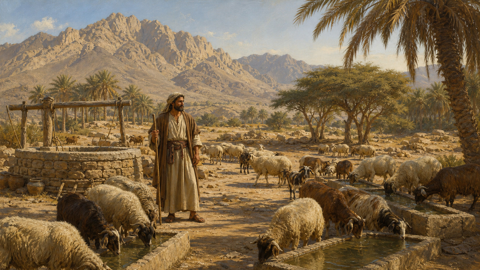 Moisés como pastor junto a um poço no deserto com o rebanho de Jetro