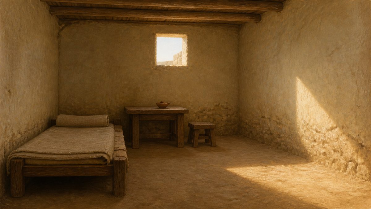 Quarto simples com cama, mesa, banco e candeeiro, iluminado por uma janela alta