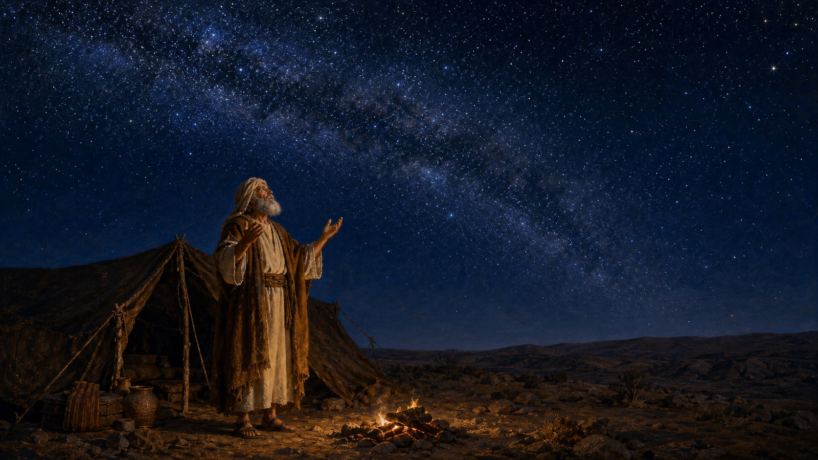 Abraão olhando para o céu estrelado no deserto de Canaã com as mãos erguidas