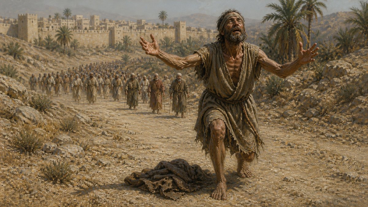 Bartimeu, o cego de Jericó, de pé com a capa lançada ao chão ao ser chamado por Jesus