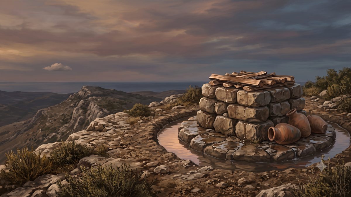 Altar de doze pedras encharcado de água no alto do monte Carmelo, ao entardecer