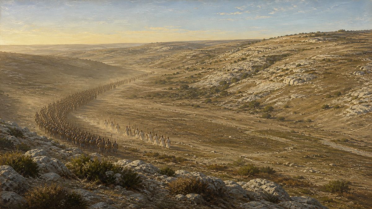 Coluna de Judá descendo o vale ao amanhecer, com os cantores de veste clara à frente dos homens armados
