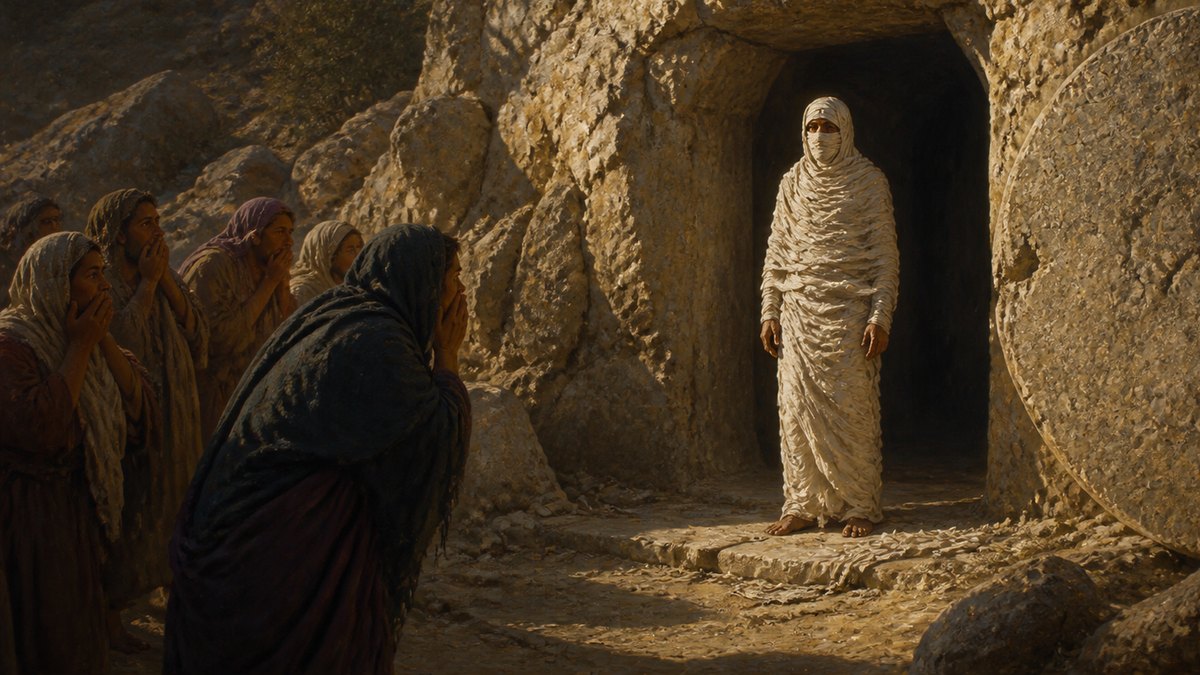 Lázaro saindo do túmulo envolto em faixas, diante dos que o viam