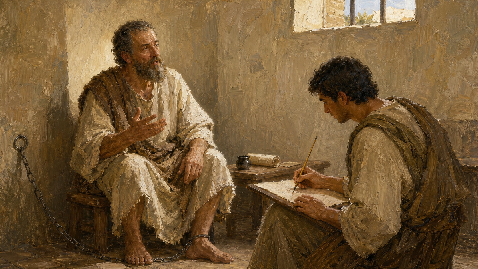 Paulo ditando uma carta a um escriba durante a prisao em Roma