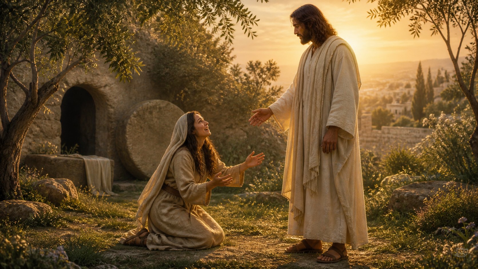 Maria Madalena de joelhos diante de Jesus ressurreto no jardim ao amanhecer clamando Raboni