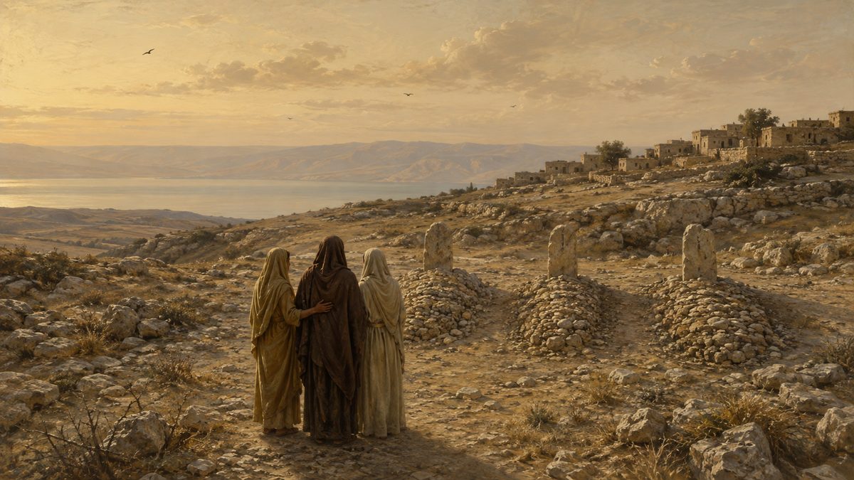Noemi e as Noras Rute e Orfa Diante de Três Sepulturas de Pedra em Moabe