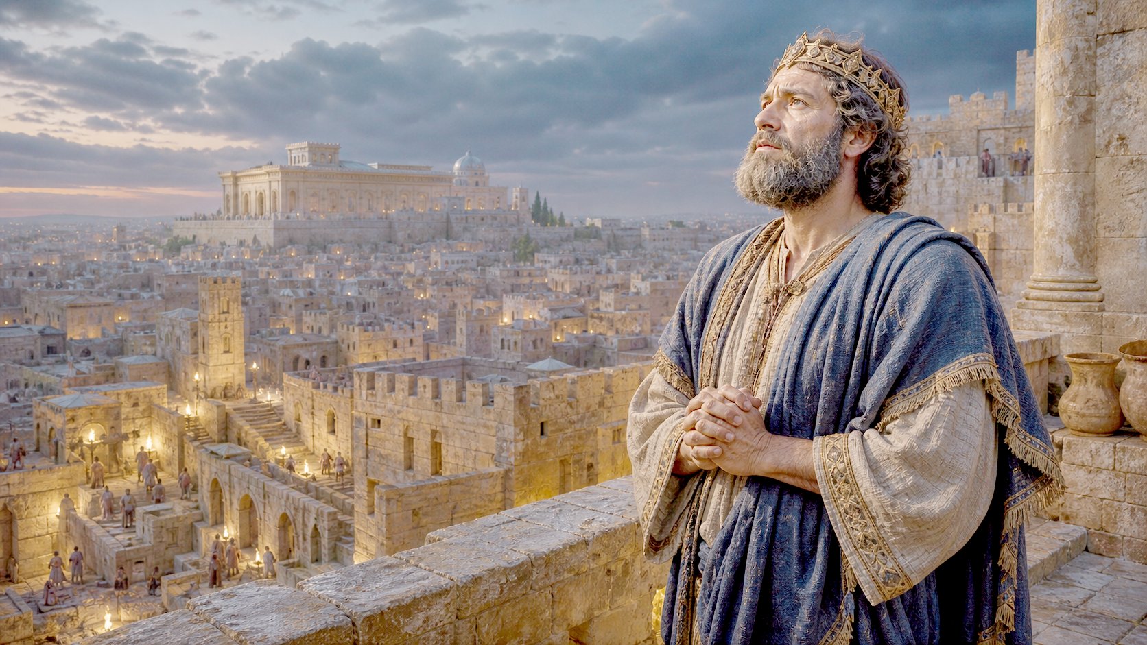 Davi em oração no terraço de Jerusalém ao crepúsculo clamando ao Senhor
