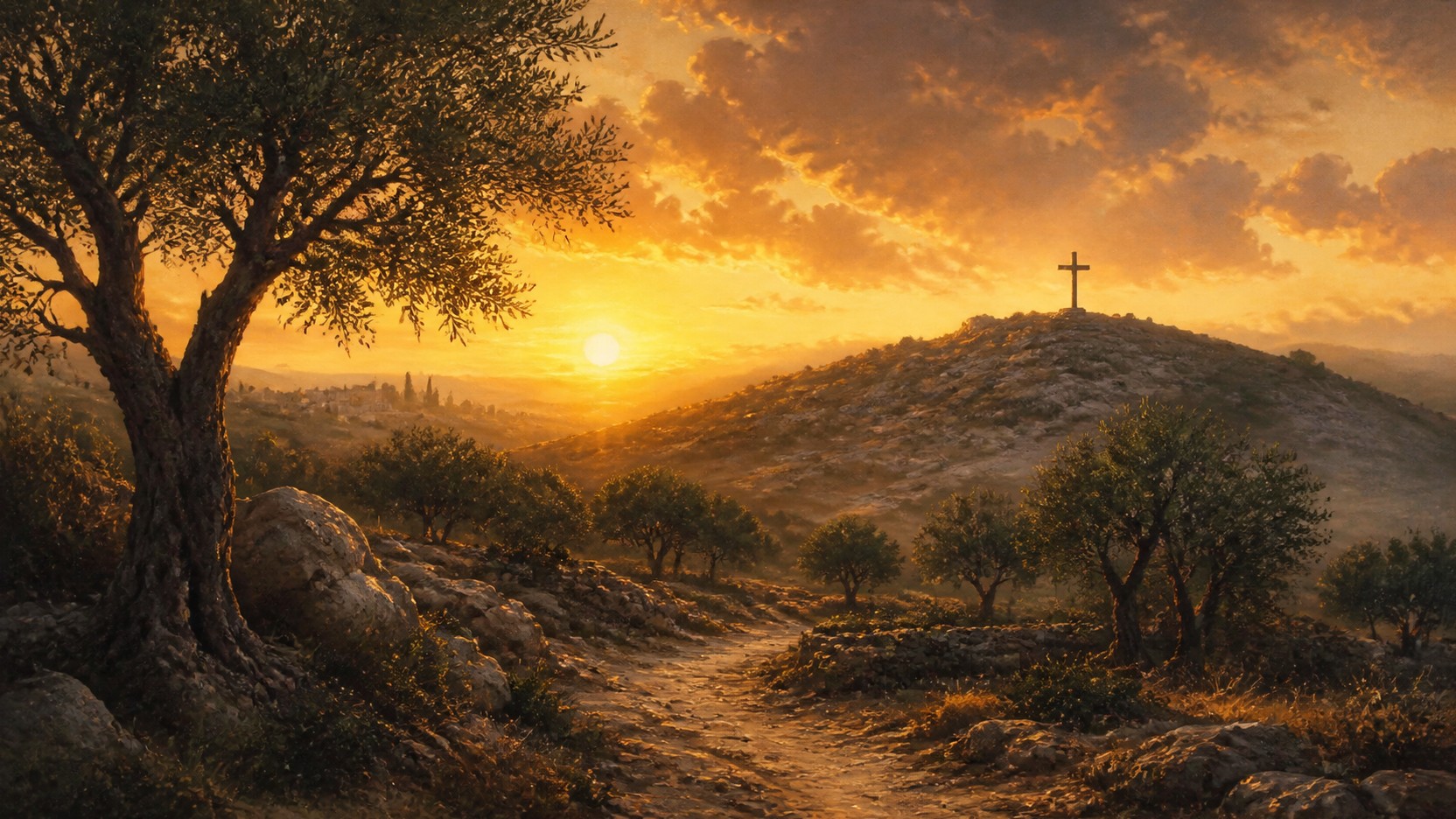 Amanhecer em paisagem bíblica com a cruz no horizonte