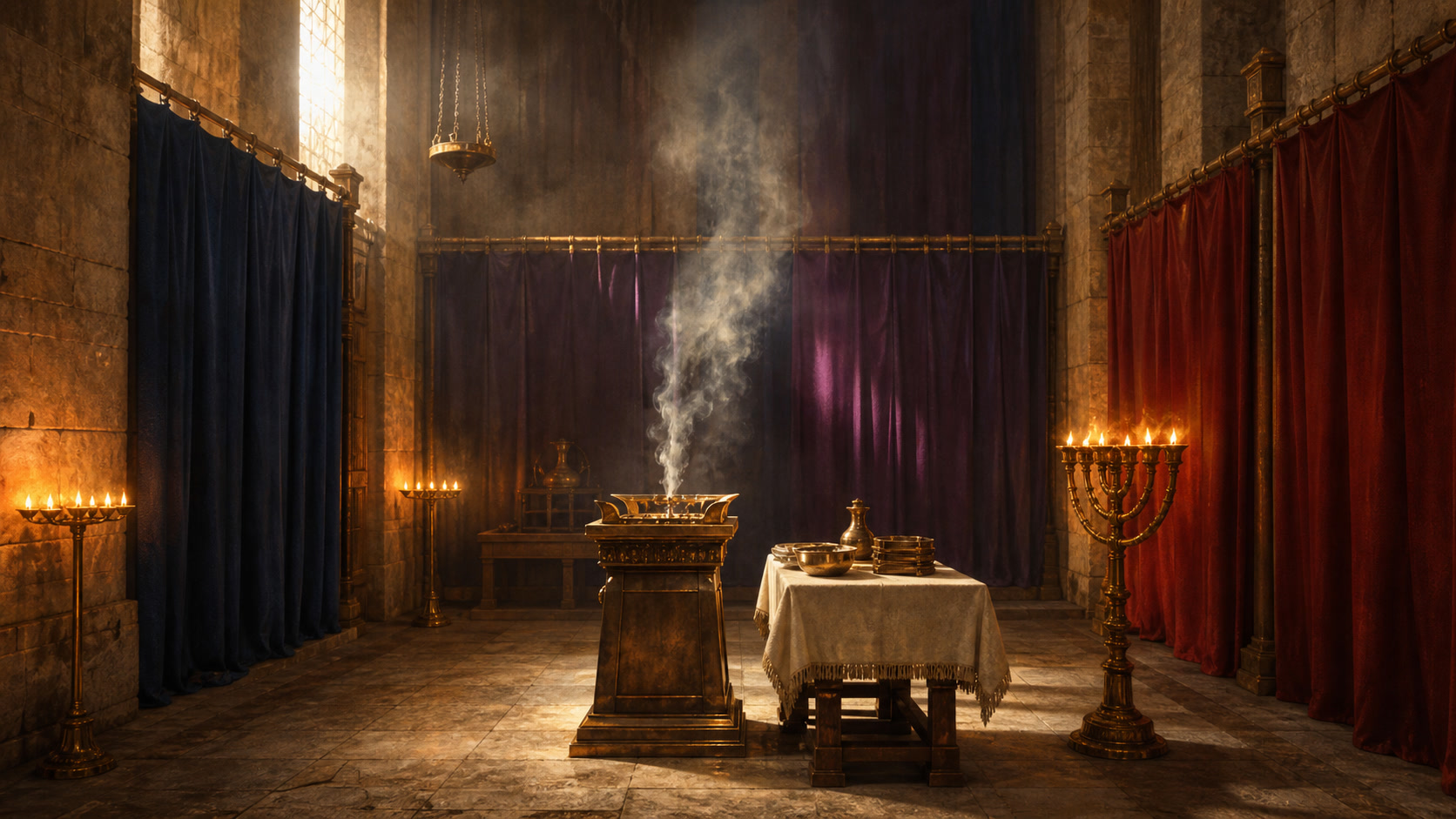 Interior do santuário bíblico com o altar e cortinas sóbrias