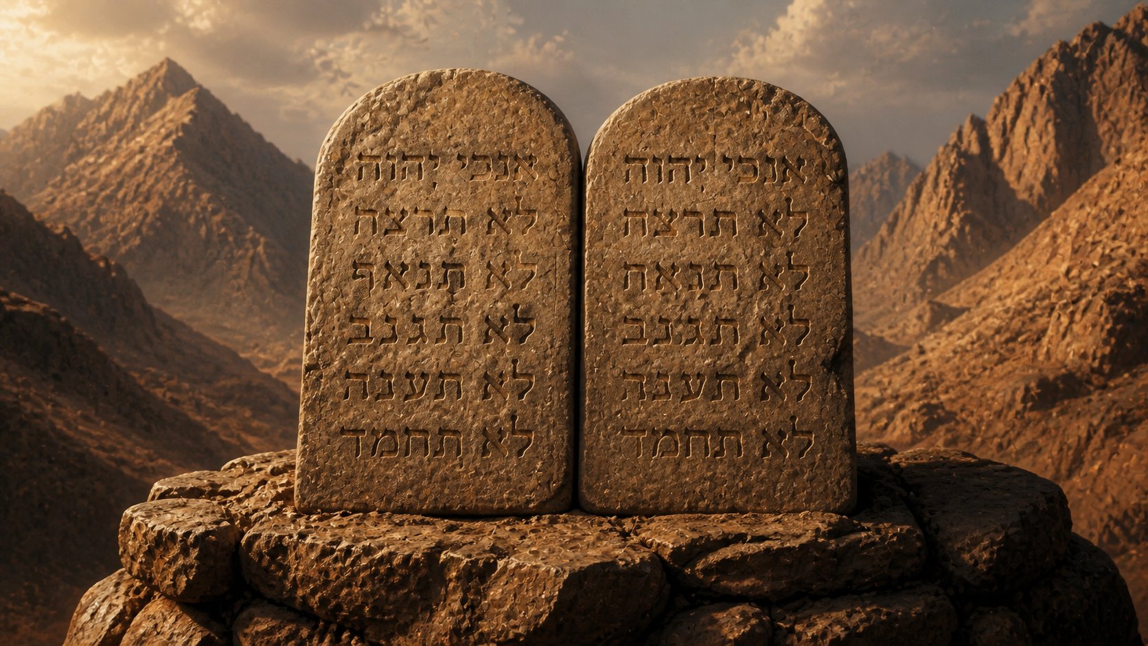 Tábuas de pedra dos Dez Mandamentos gravadas em paleo-hebraico no monte Sinai