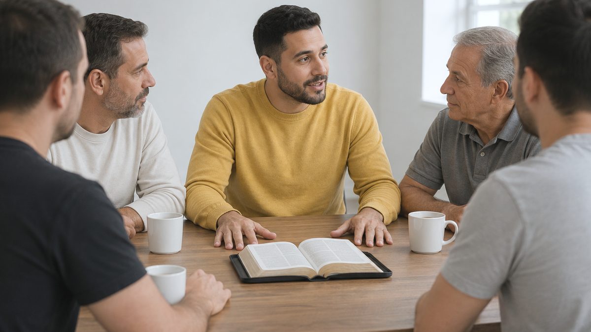Homens Reunidos ao Redor da Mesa com a Bíblia Aberta no Café de Homens