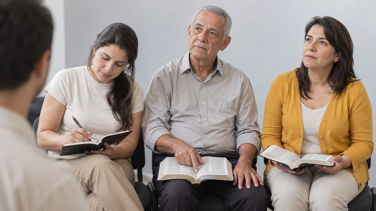 Congregação Acompanhando a Leitura da Bíblia no Culto de Ensino