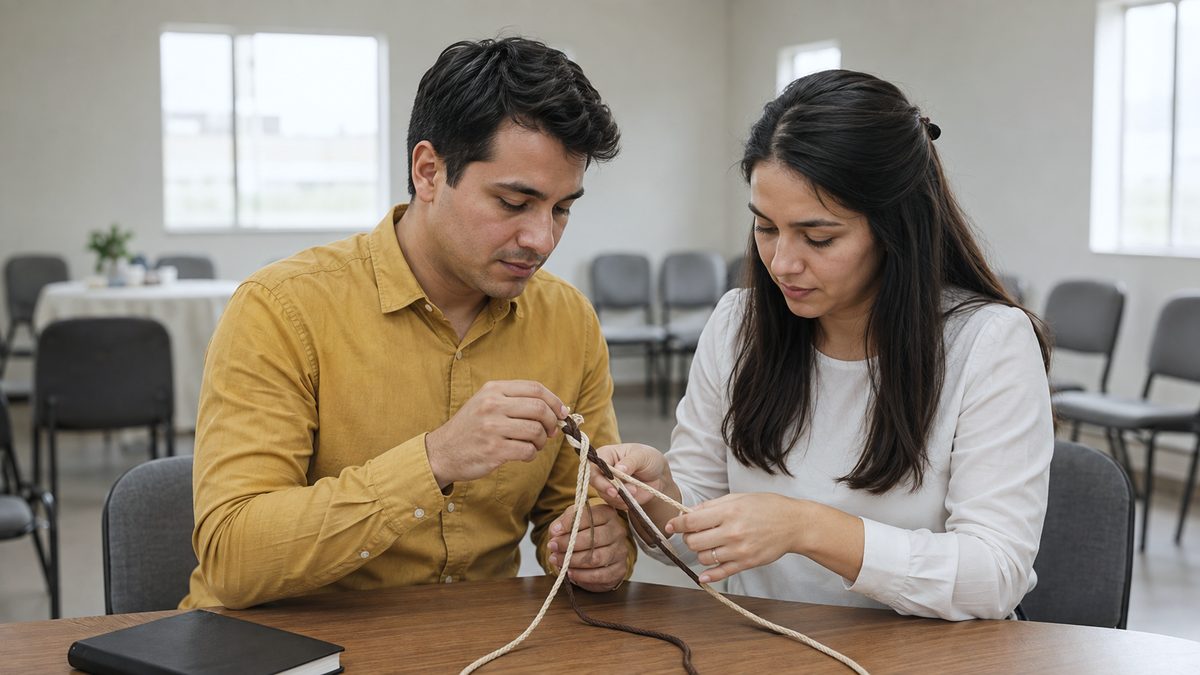 Casal Trançando o Cordão de Três Dobras