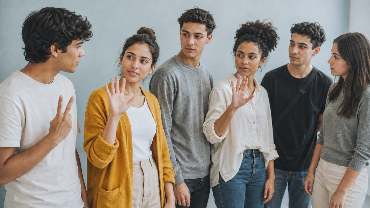 Jovens em fila em silêncio sinalizando números com a mão