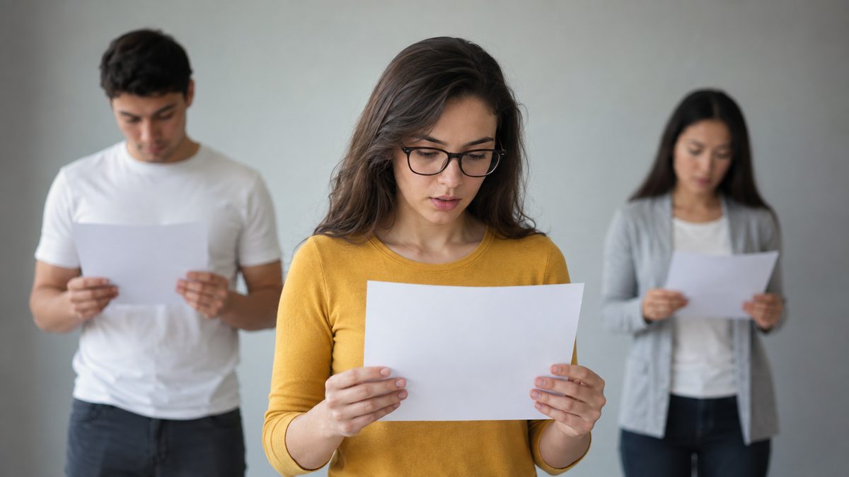 Três jovens lendo em silêncio a própria folha