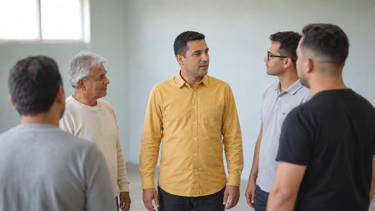 Grupo de Homens Conversando em Roda Antes do Culto de Homens