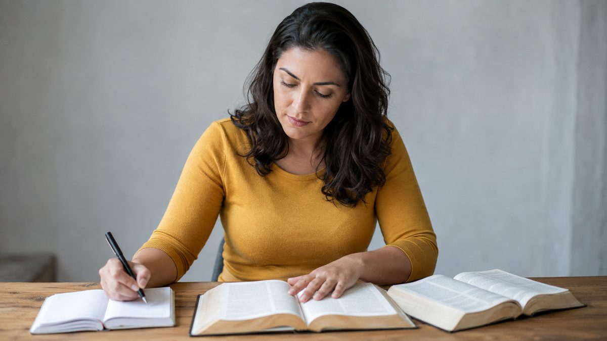 Mulher Estudando a Doutrina da Presciência de Deus com a Bíblia Aberta