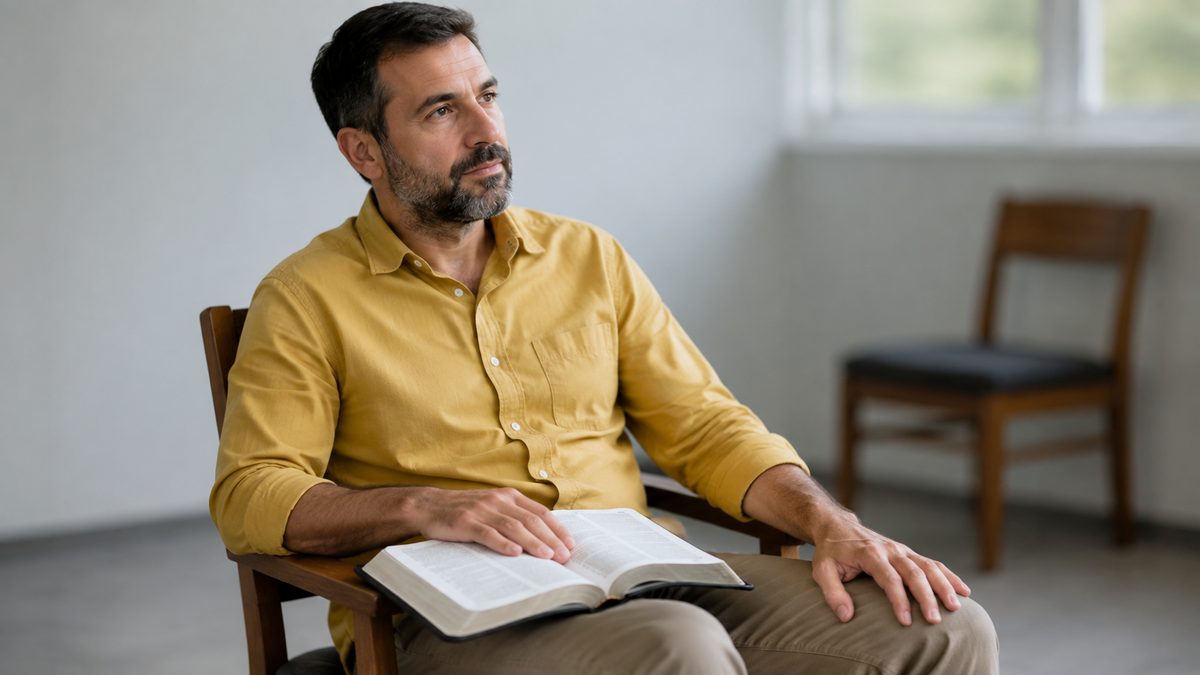 Homem Meditando Sobre a Doutrina da Propiciação com a Bíblia Aberta no Colo