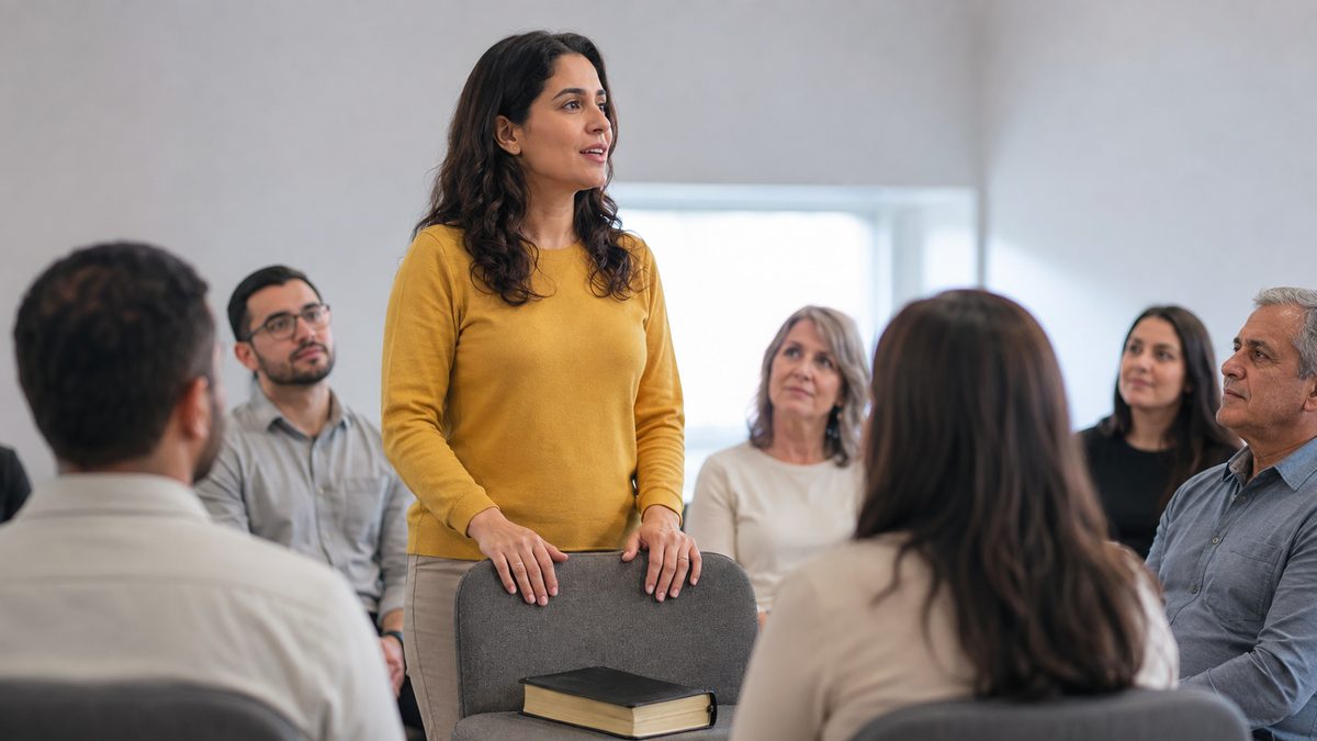 Mulher em Pé Contando o Motivo do Culto de Ação de Graças Diante da Igreja