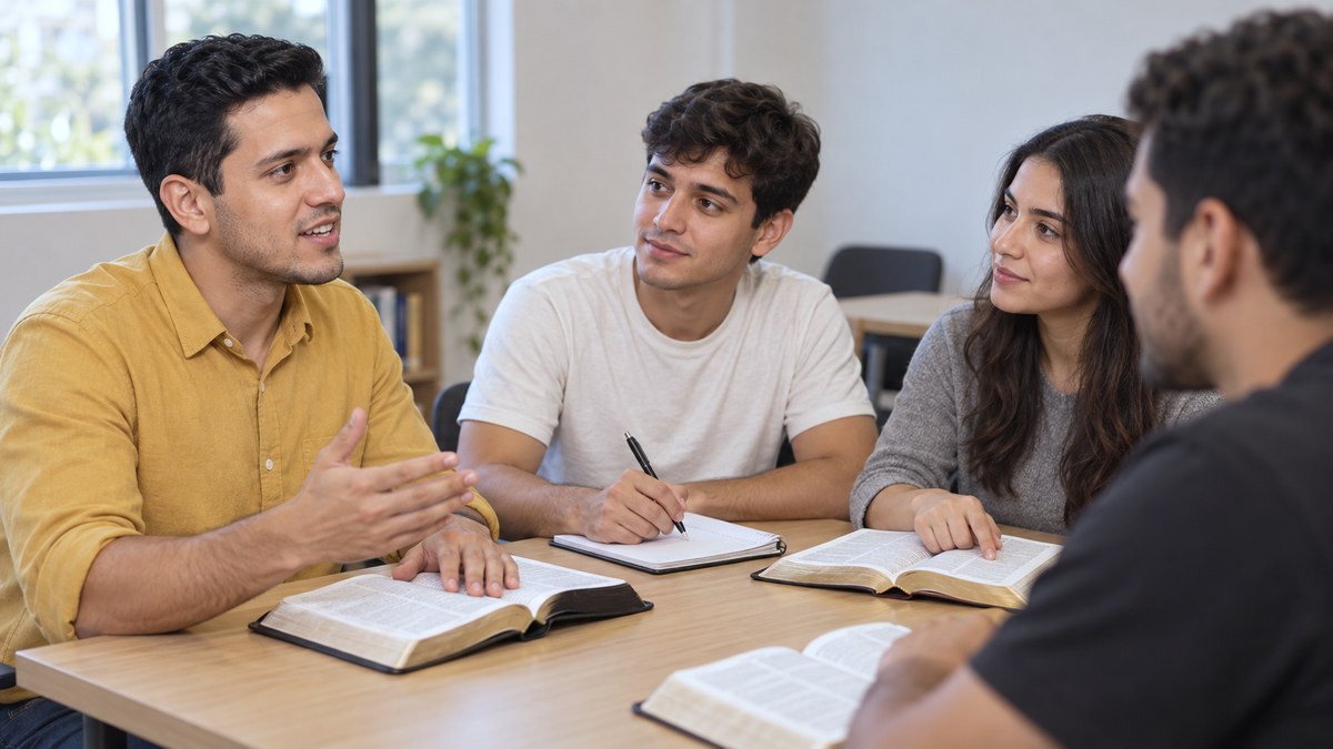 Líder de igreja explica um texto bíblico a três jovens sentados à mesa com as Bíblias abertas