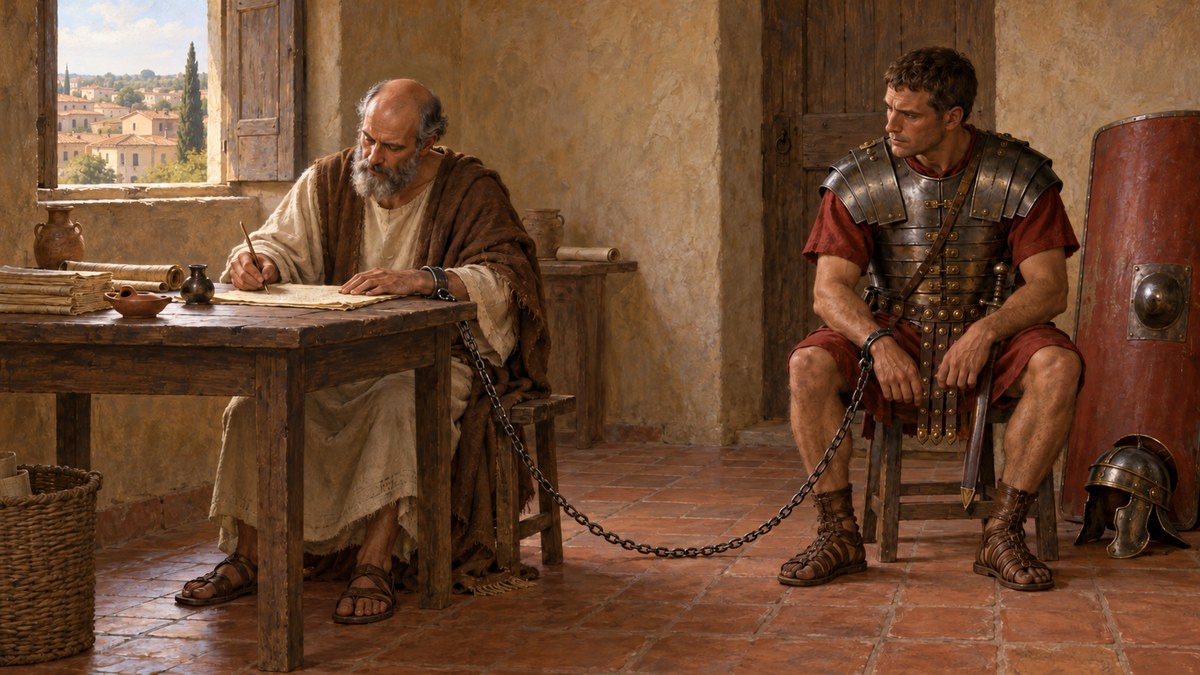 Pintura de Paulo escrevendo uma carta acorrentado ao soldado romano que o guardava, com o escudo e o capacete do soldado ao lado