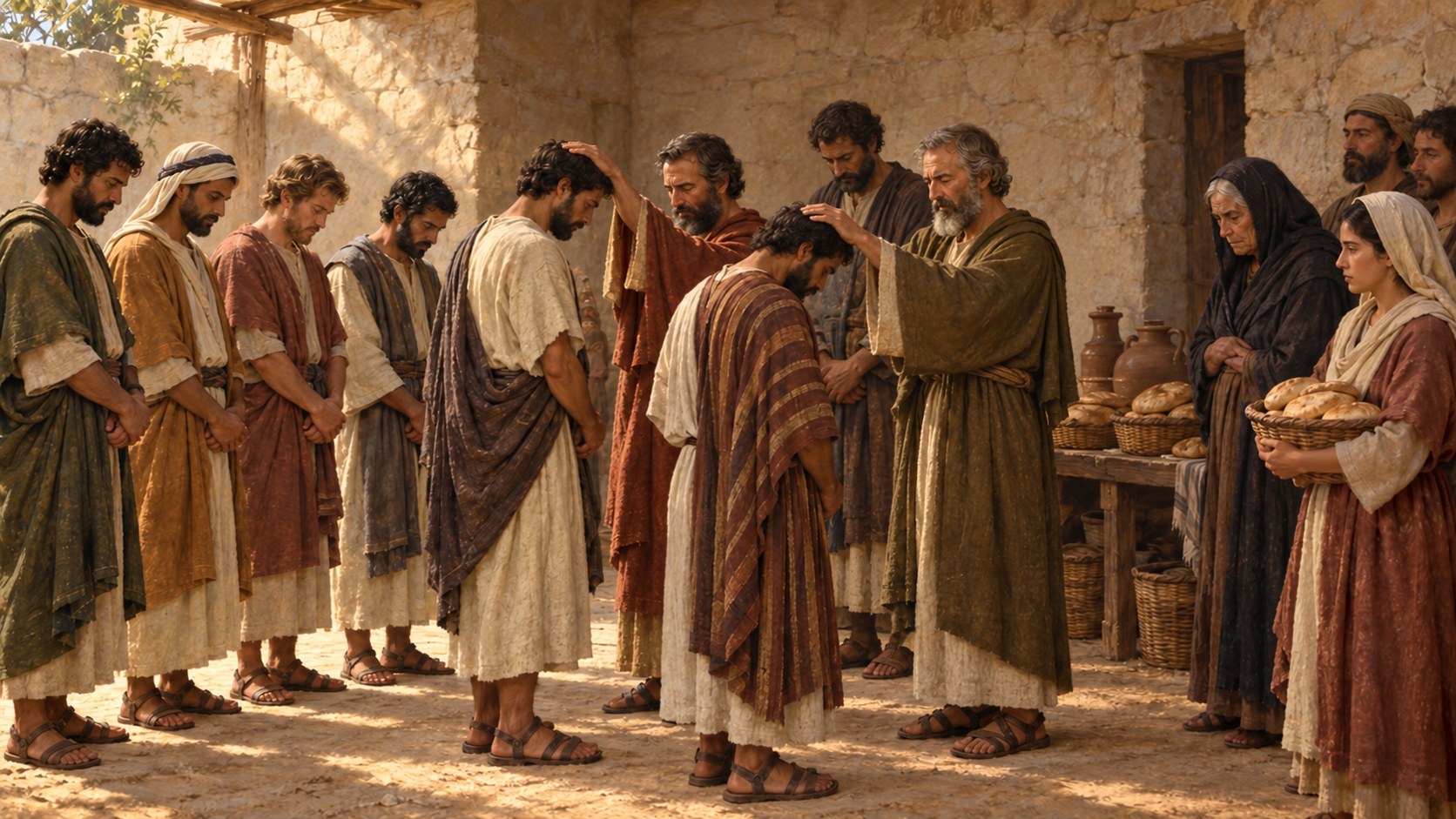 Pintura de dois apóstolos impondo as mãos sobre os sete homens escolhidos para servir, em Jerusalém, com cestos de pão ao lado