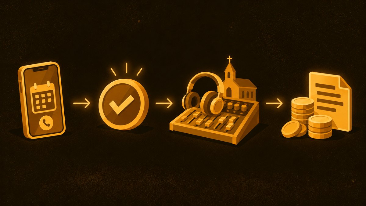 Ilustração do ciclo do contrato intermitente: convocação pelo celular com antecedência, aceite, trabalho na mesa de som durante o culto e pagamento das horas com registro