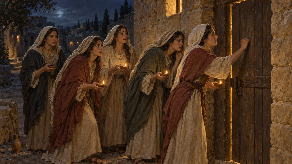 Pintura de cinco mo\u00e7as com lamparinas de barro batendo \u00e0 noite numa porta fechada, com a luz da festa de casamento escapando pelas frestas