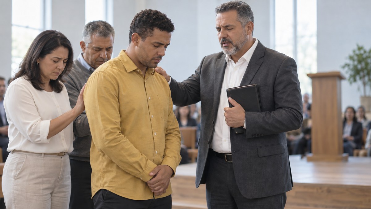 Pastor ora com a mão no ombro de um novo diácono, enquanto dois presbíteros também impõem as mãos durante o culto