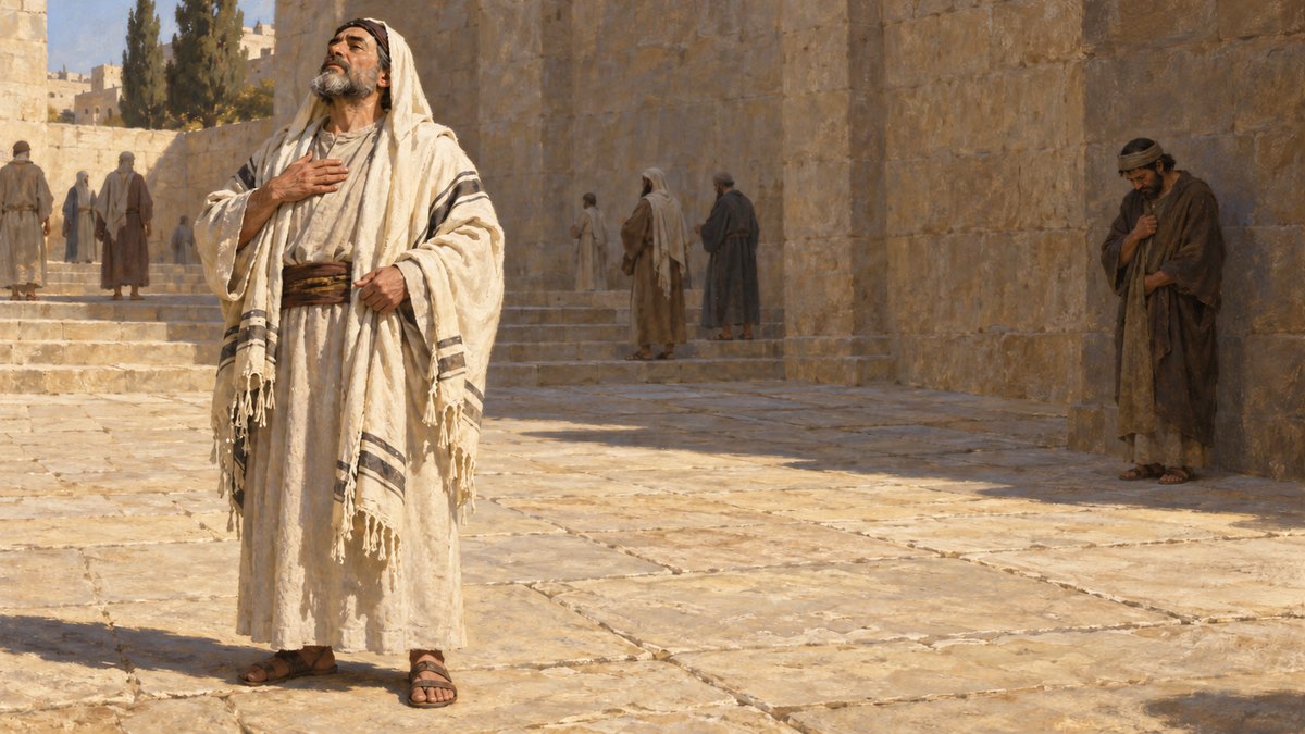 O fariseu de pé no pátio do templo e o publicano ao fundo batendo no peito, em Lucas 18