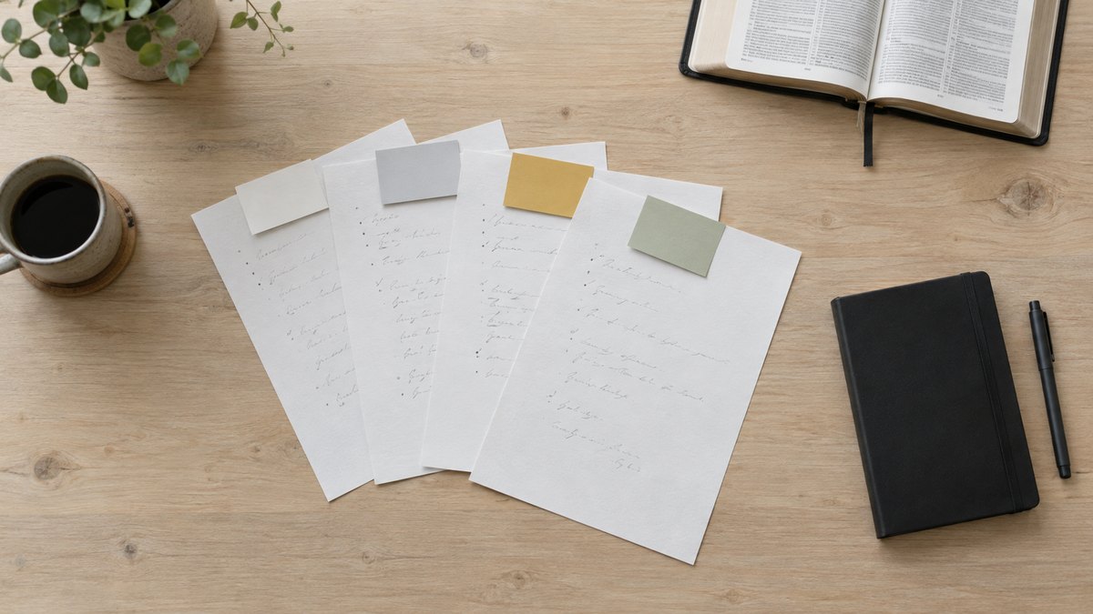 Folhas de esboço de pregação separadas por cartões coloridos, com caderno e Bíblia sobre a mesa