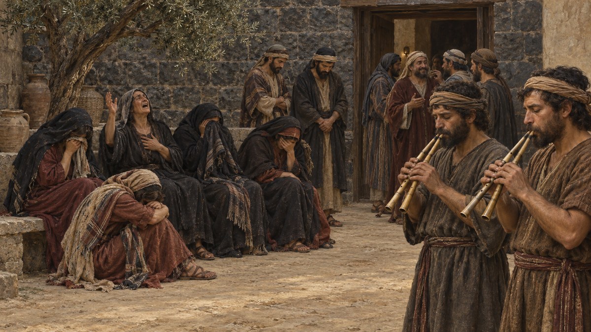 Pintura do pátio da casa de Jairo com mulheres chorando e dois flautistas tocando flautas duplas