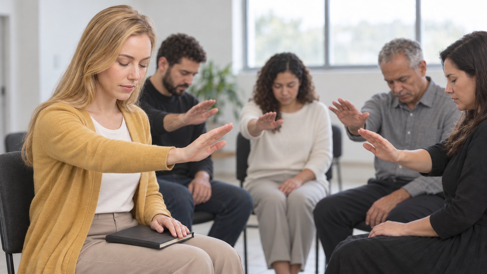 Grupo de intercessão sentado em círculo, cada pessoa com uma mão estendida para o centro enquanto ora