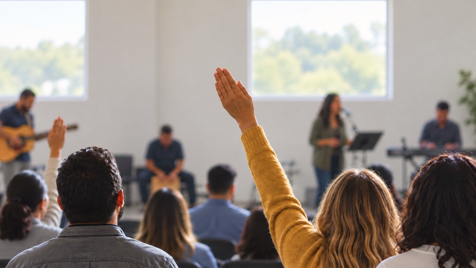 Congregação em adoração com uma mão erguida e a equipe do ministério de louvor ao fundo