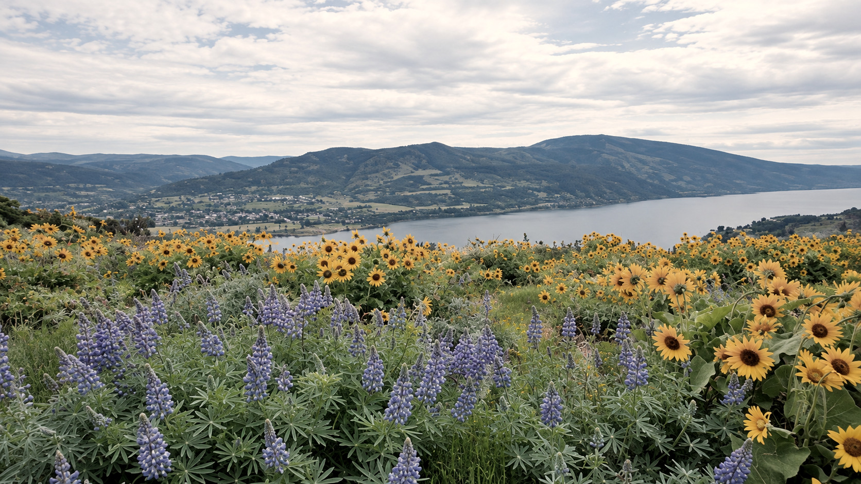 Campo de flores, lago e montanhas sob céu de dia, imagem da criação que ilustra o conhecimento de Deus
