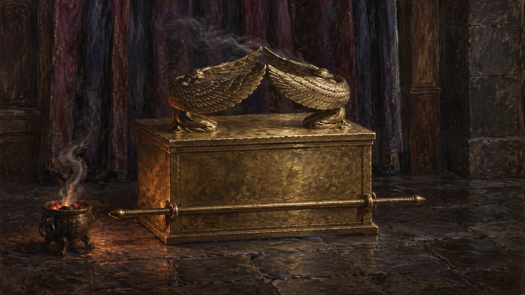 Pintura da Arca da Aliança com o propiciatório e os dois querubins no Santo dos Santos