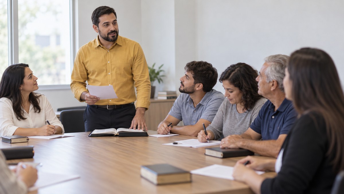 Pastor de p\u00e9 \u00e0 cabeceira da mesa com a pauta na m\u00e3o, falando a obreiros sentados com folhas e B\u00edblias