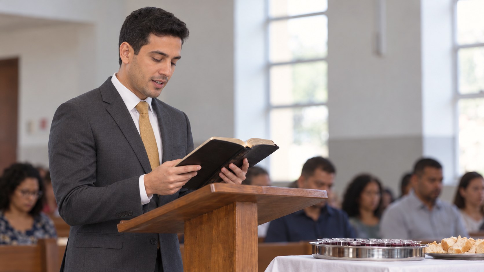 Homem de terno lendo a Bíblia no púlpito durante o culto de Santa Ceia, com a mesa dos elementos em primeiro plano
