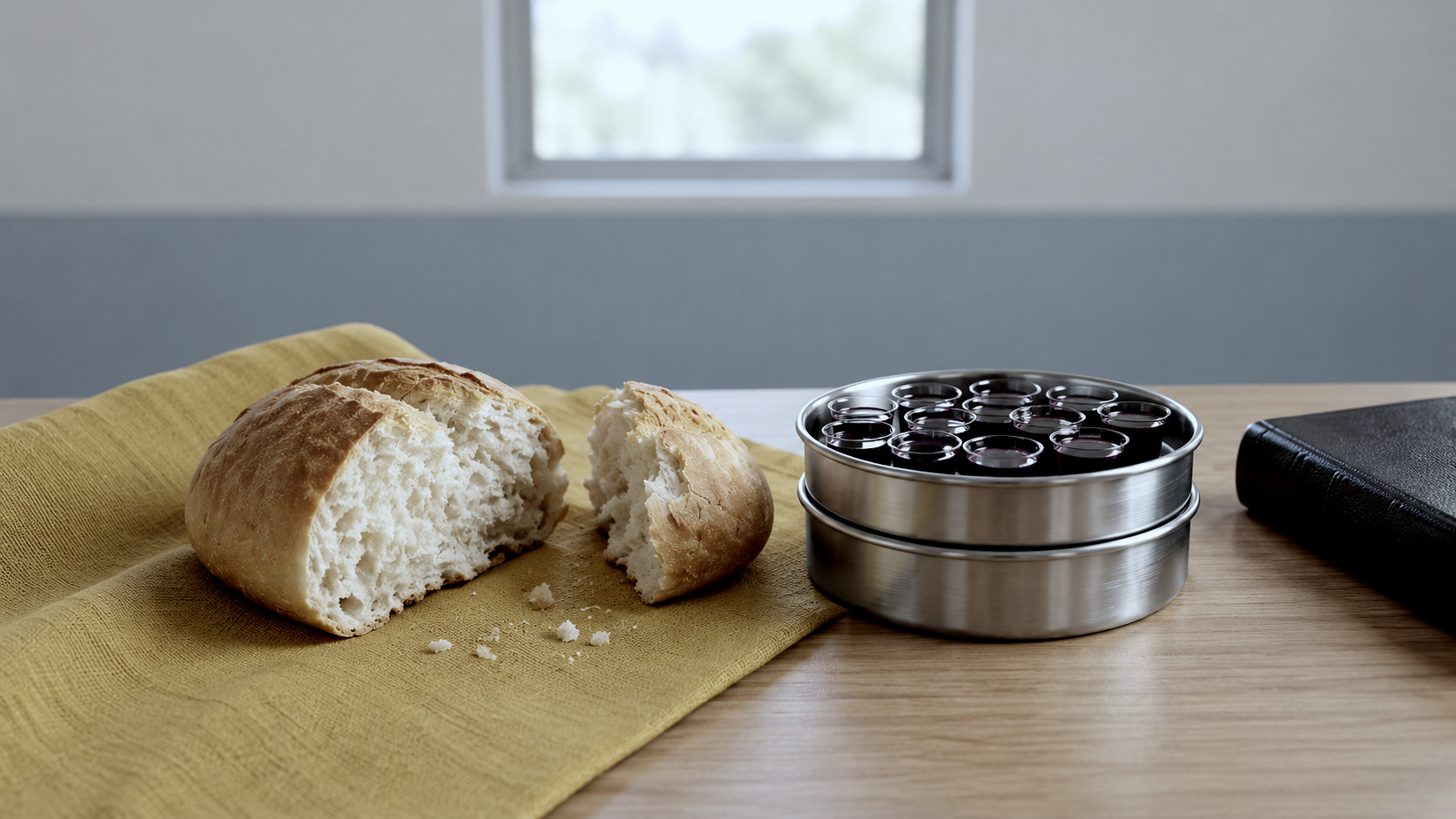 Mesa da Santa Ceia com pão partido, bandeja de cálices individuais com suco de uva e a Bíblia