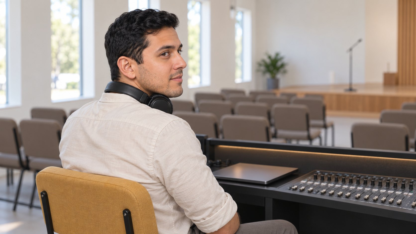 Sonoplasta sentado à mesa de som no fundo do salão da igreja, com fones no pescoço, observando o auditório vazio antes do culto
