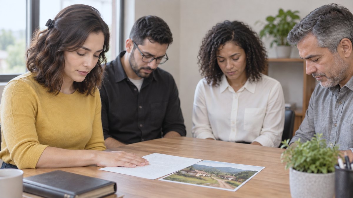 Pequeno grupo da igreja orando ao redor da mesa com a carta de um missionário e uma foto do campo