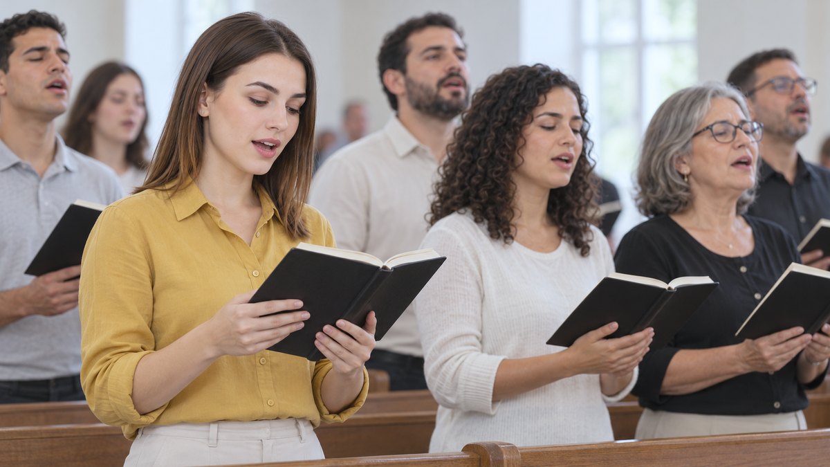 Congregação de pé cantando com hinários no encerramento do culto de Santa Ceia